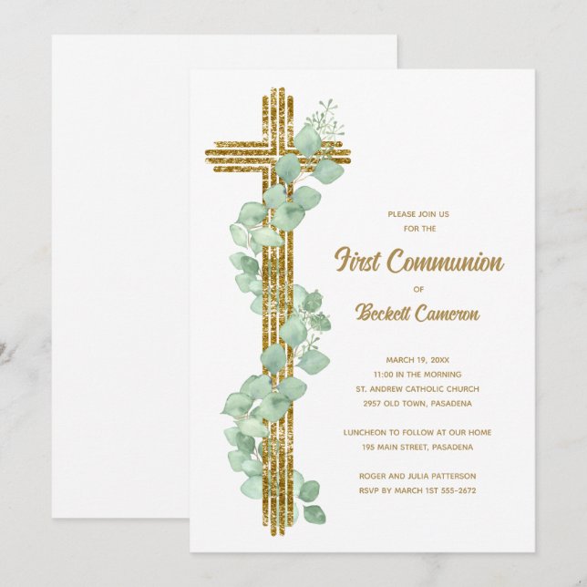 Elegant Eucalyptus and Cross First Communion Invitation (Front/Back)