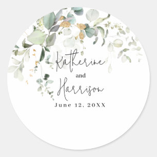 Elegant Eucalyptus and Gold Greenery Wedding Clas Classic Round Sticker
