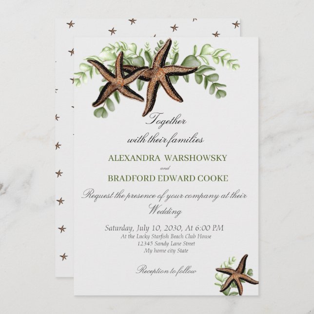 Elegant Eucalyptus and Starfish Wedding Invitation (Front/Back)