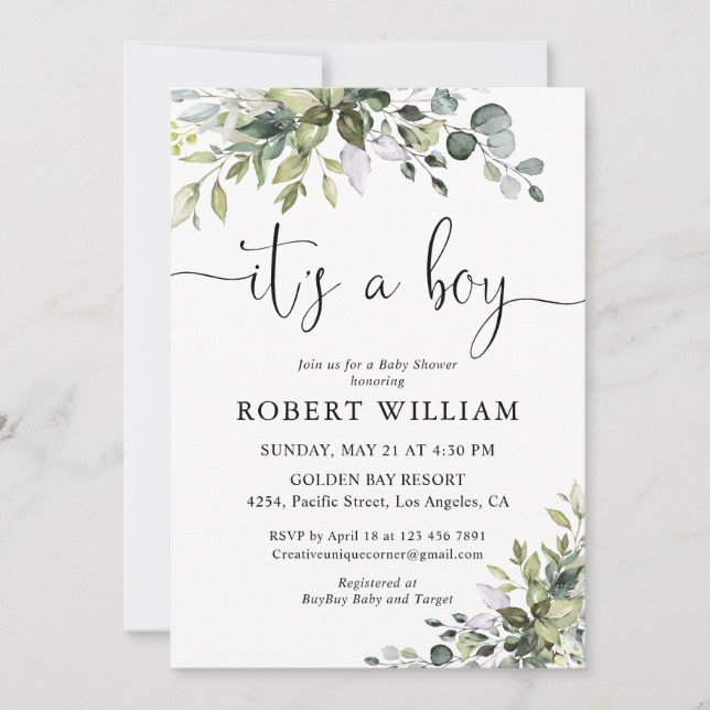 Elegant Eucalyptus Baby Shower Invitation (Front)
