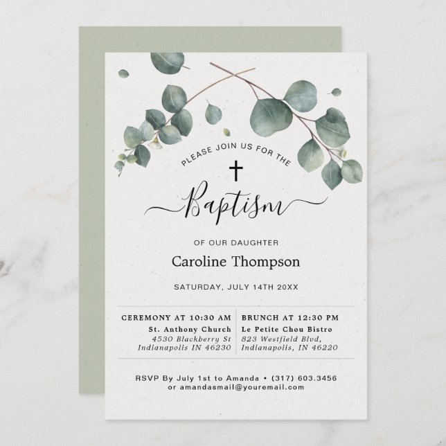 Elegant Eucalyptus Baptism Invitation (Front/Back)