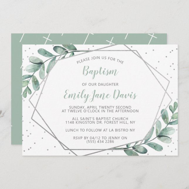 Elegant Eucalyptus Baptism Or Christening Invitation (Front/Back)