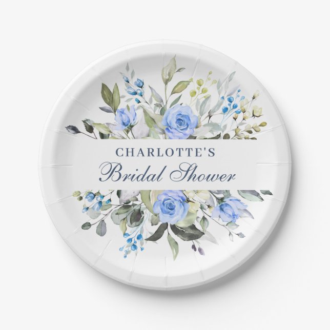 Elegant Eucalyptus Blue Floral Roses Bridal Shower Paper Plate (Front)