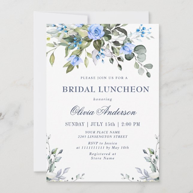 Elegant Eucalyptus Blue Roses BRIDAL LUNCHEON Invitation (Front)
