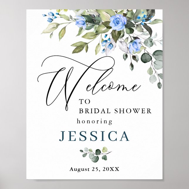 Elegant Eucalyptus Blue Roses Bridal Shower Poster (Front)
