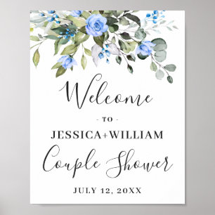 Elegant Eucalyptus Blue Roses Couple Shower Poster