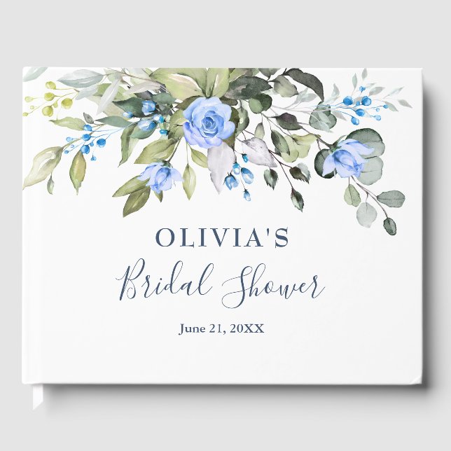 Elegant Eucalyptus Blue Roses Floral Bridal Shower Guest Book (Front)