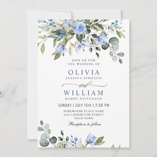 Elegant Eucalyptus Blue Roses Greenery Wedding Inv Invitation (Front)