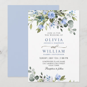 Elegant Eucalyptus Blue Roses Greenery Wedding Inv Invitation
