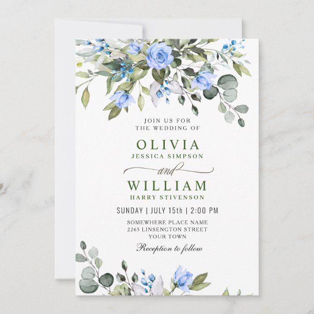 Elegant Eucalyptus Blue Roses Greenery Wedding Invitation (Front)