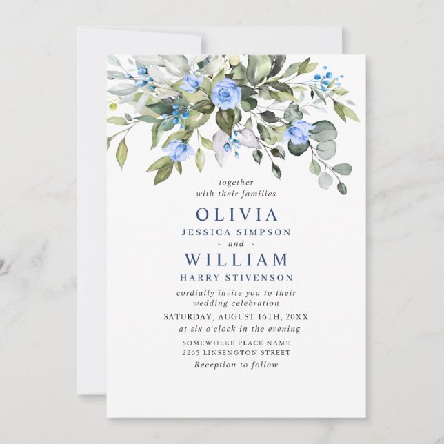 Elegant Eucalyptus Blue Roses Greenery Wedding Invitation (Front)