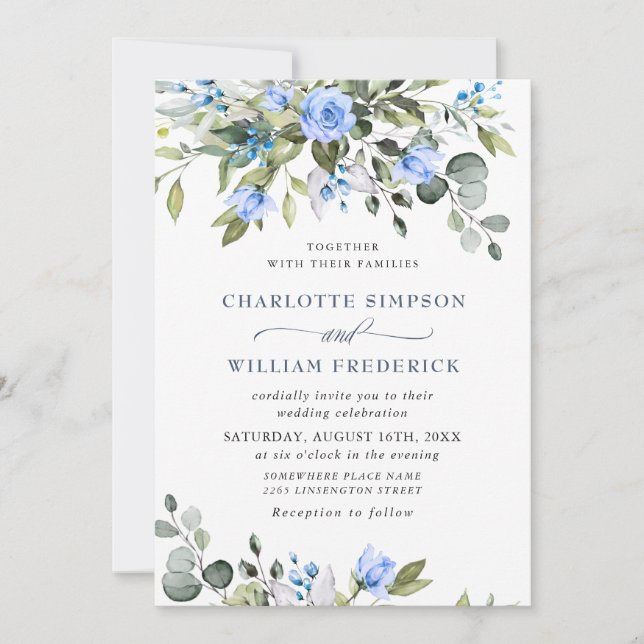 Elegant Eucalyptus Blue Roses Greenery Wedding Invitation (Front)