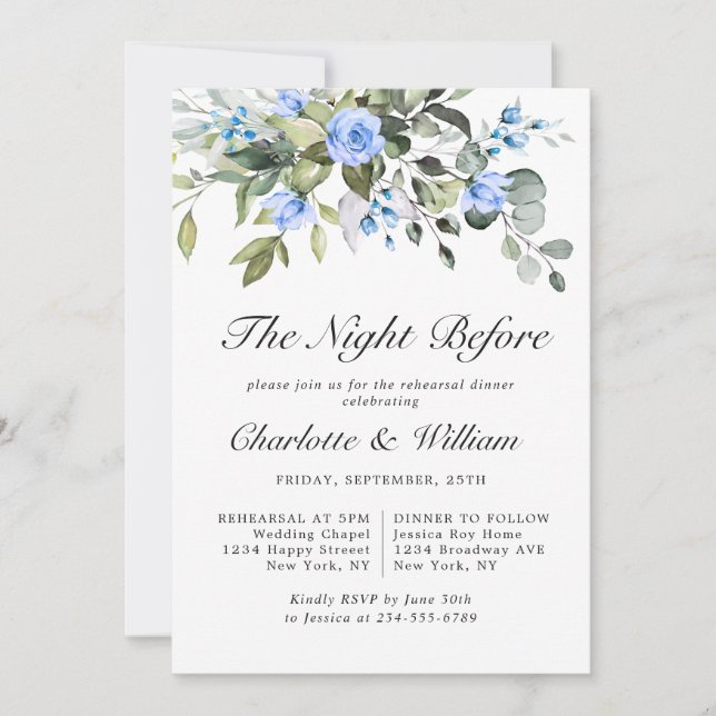 Elegant Eucalyptus Blue Roses REHEARSAL DINNER Invitation (Front)