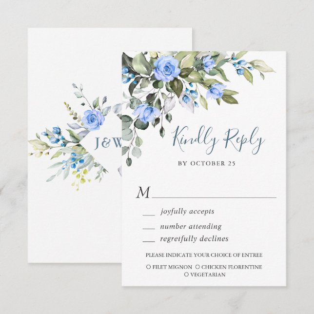 Elegant Eucalyptus Blue Roses Wedding Floral RSVP Card (Front/Back)