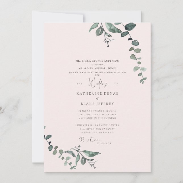 Elegant Eucalyptus Blush & Goodness of God Wedding Invitation (Front)