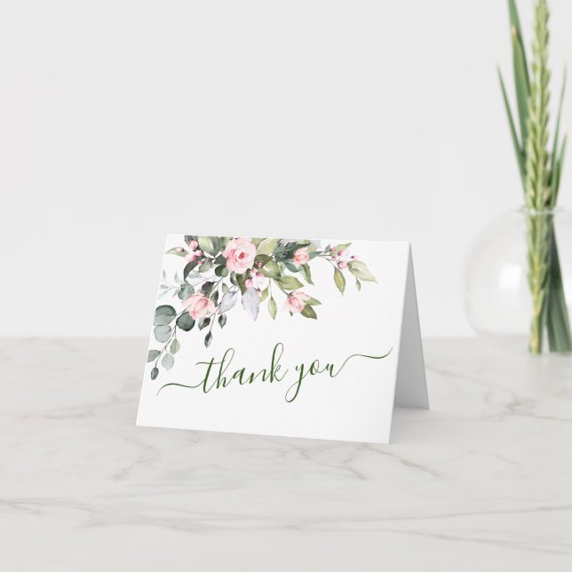 Elegant Eucalyptus Blush Pink Roses Thank You Card (Front)