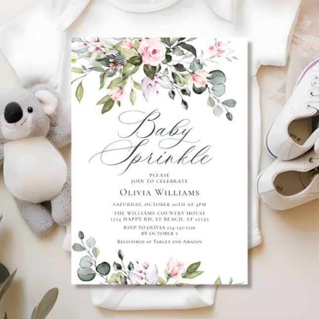 Elegant Eucalyptus Blush Roses Baby Sprinkle Invitation (Creator Uploaded)