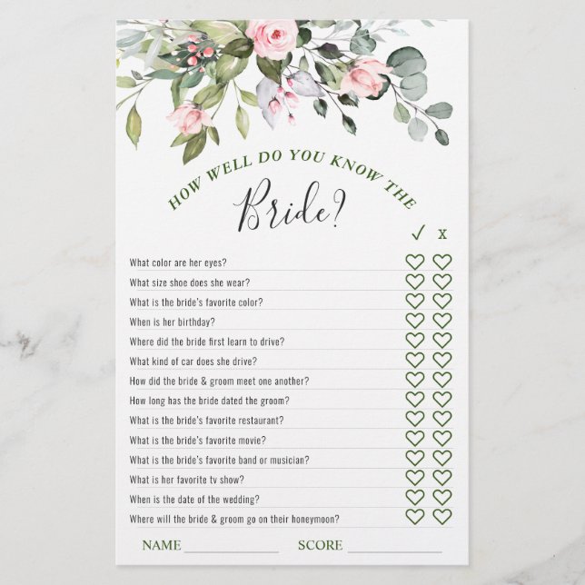 Elegant Eucalyptus Blush Roses Bridal Shower Game (Front)