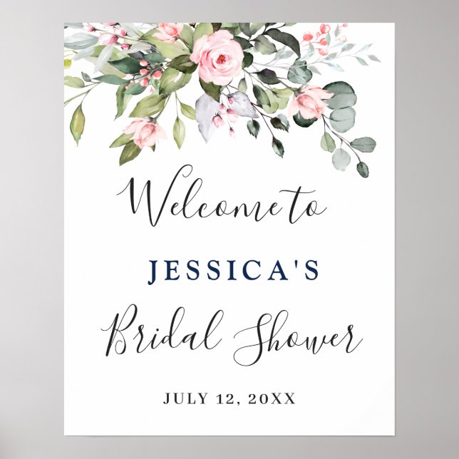 Elegant Eucalyptus Blush Roses Bridal Shower Poster (Front)