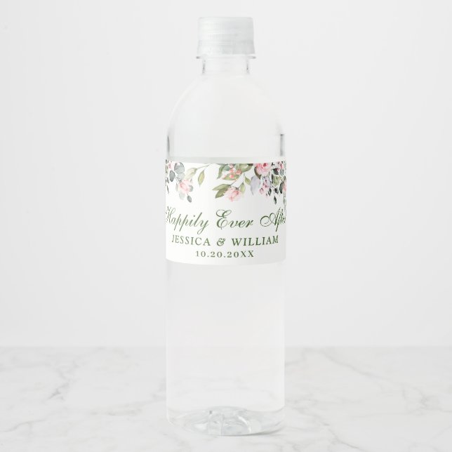Elegant Eucalyptus Blush Roses Floral Wedding Water Bottle Label (Front)