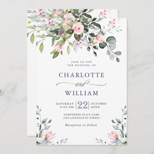 Elegant Eucalyptus Blush Roses Greenery Wedding Invitation (Front/Back)
