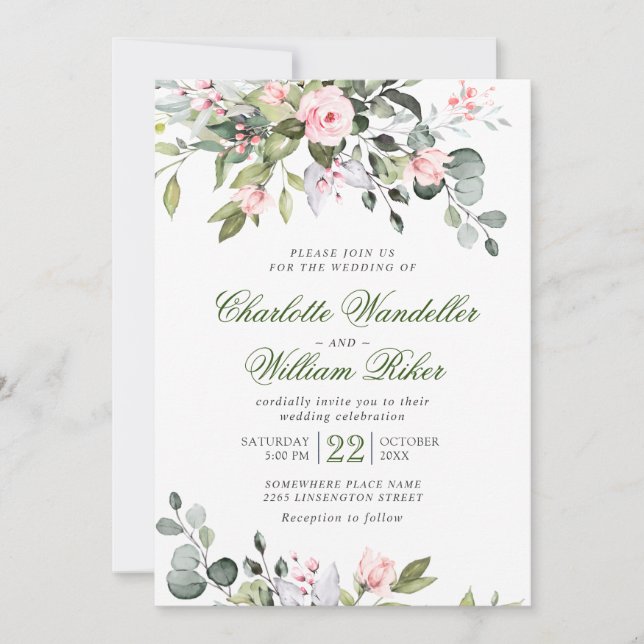 Elegant Eucalyptus Blush Roses Greenery Wedding Invitation (Front)