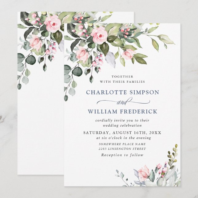 Elegant Eucalyptus Blush Roses Greenery Wedding Invitation (Front/Back)