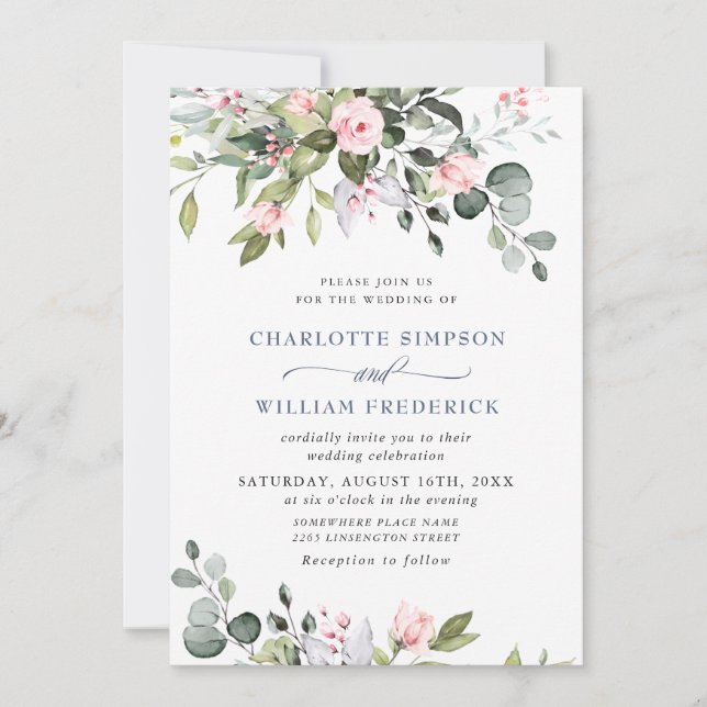 Elegant Eucalyptus Blush Roses Greenery Wedding Invitation (Front)