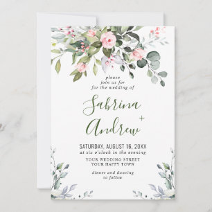 Elegant Eucalyptus Blush Roses Greenery Wedding Invitation