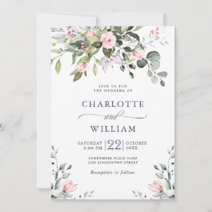 Elegant Eucalyptus Blush Roses Greenery Wedding Invitation