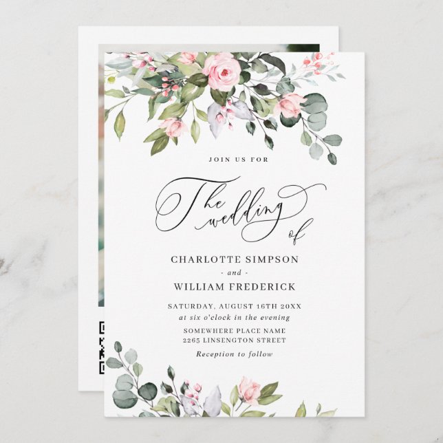 Elegant Eucalyptus Blush Roses QR code Wedding Invitation (Front/Back)