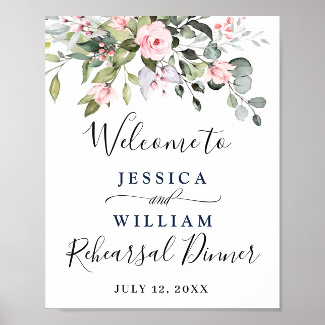 Elegant Eucalyptus Blush Roses Rehearsal Dinner Poster (Front)