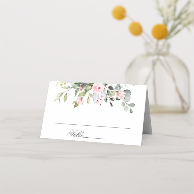 Elegant Eucalyptus Blush Roses Wedding Table Place Card (Front)