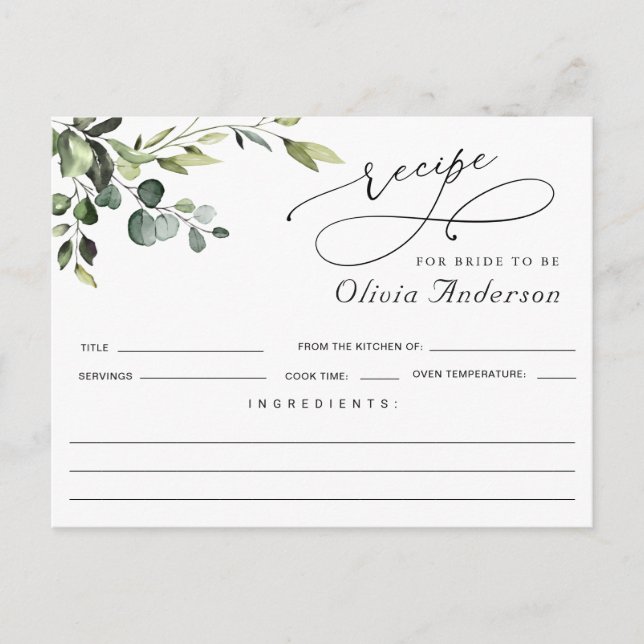 Elegant Eucalyptus Boho Bridal Shower Recipe Card (Front)