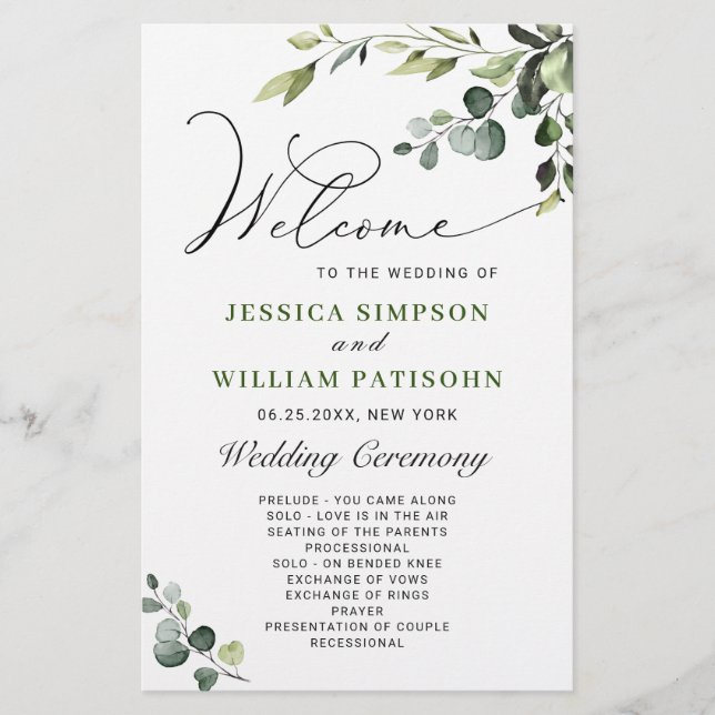 Elegant Eucalyptus Boho Wedding Ceremony Program (Front)