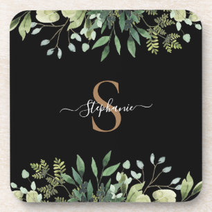 Elegant Eucalyptus Botanical Gold Monogram Script Coaster