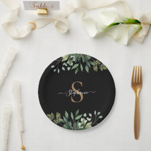 Elegant Eucalyptus Botanical Gold Monogram Script Paper Plate