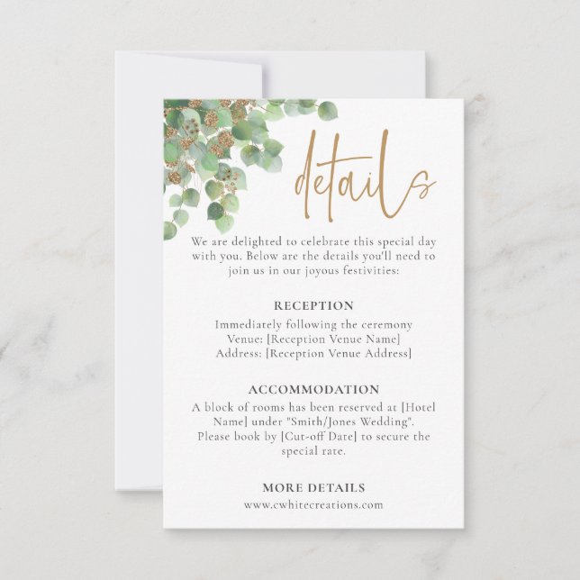 Elegant Eucalyptus Botanical Greenery Gold Details RSVP Card (Front)