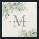 Elegant Eucalyptus Botanical Greenery Monogram Stone Coaster<br><div class="desc">Elegant Eucalyptus Botanical Floral Monogram Marble Coasters featuring our lovely sage eucalyptus green and dusty blue greenery and modern typography. Easy to customise with your information for a simply coaster. Please contact us at cedarandstring@gmail.com if you need assistance with the design or matching products.</div>