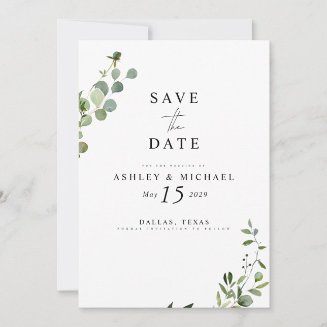 Elegant Eucalyptus Botanical Marble Wedding Save The Date (Front)