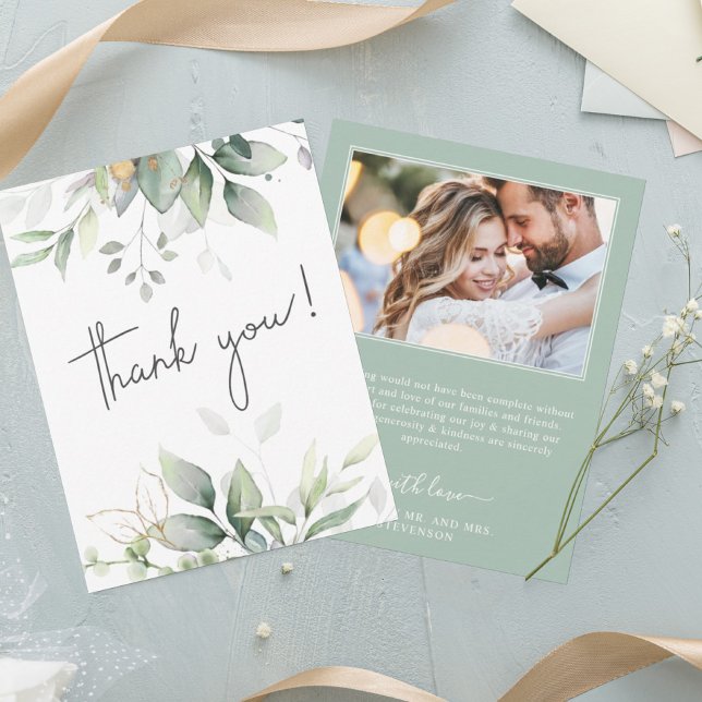 Elegant eucalyptus botanical photo wedding thank you card (Creator Uploaded)