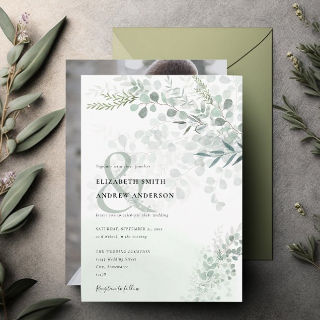 Elegant Eucalyptus Botanical Sage Photo Wedding  Invitation (Creator Uploaded)