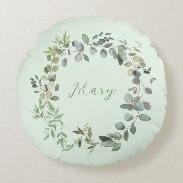Elegant Eucalyptus Botanical Watercolor Greenery Round Cushion (Front)