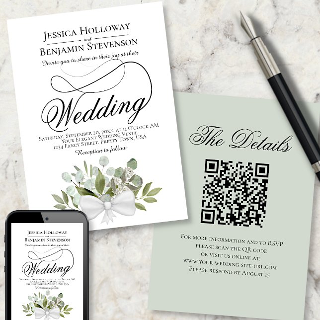 Elegant Eucalyptus Bouquet QR Code Wedding Invitation (Front, Back & Digital Download)
