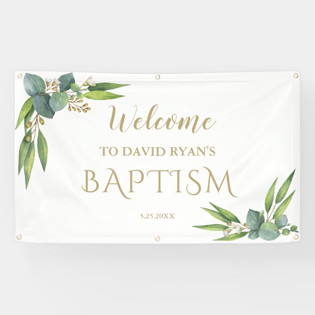 Elegant Eucalyptus Boy Baptism Welcome Sign (Horizontal)