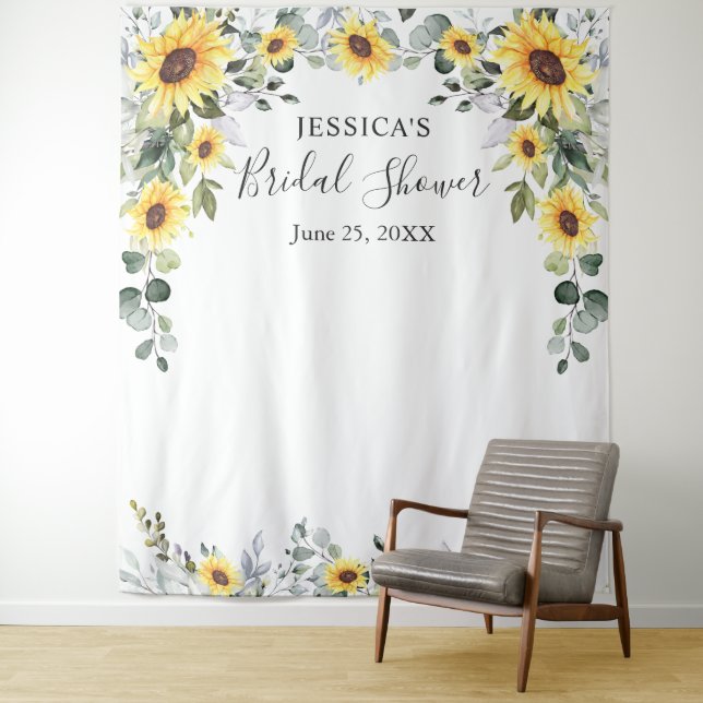 Elegant Eucalyptus Bridal Shower Photo Backdrop Tapestry (In Situ)