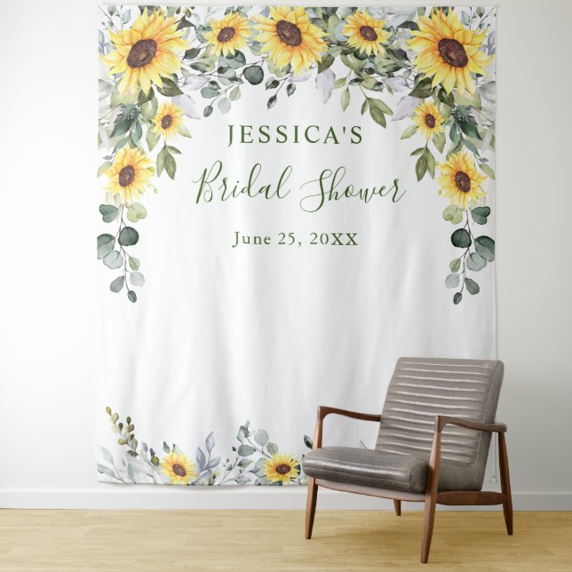 Elegant Eucalyptus Bridal Shower Photo Backdrop Tapestry (In Situ)