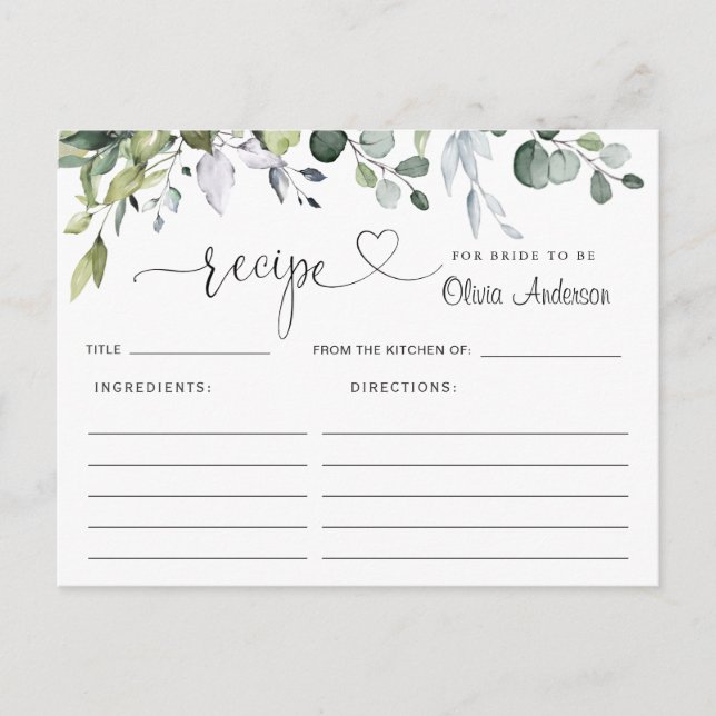 Elegant Eucalyptus Bridal Shower Recipe Card (Front)