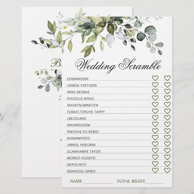 Elegant Eucalyptus Bridal Shower Scramble Game (Front/Back)