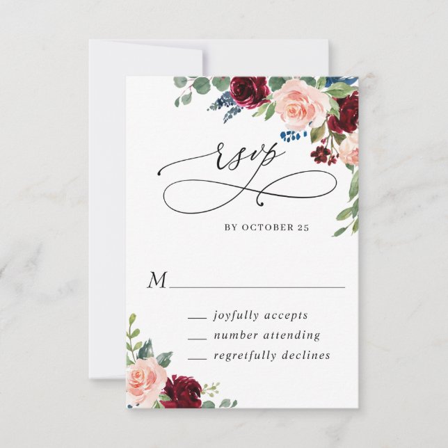 Elegant Eucalyptus Burgundy Roses Floral Wedding RSVP Card (Front)